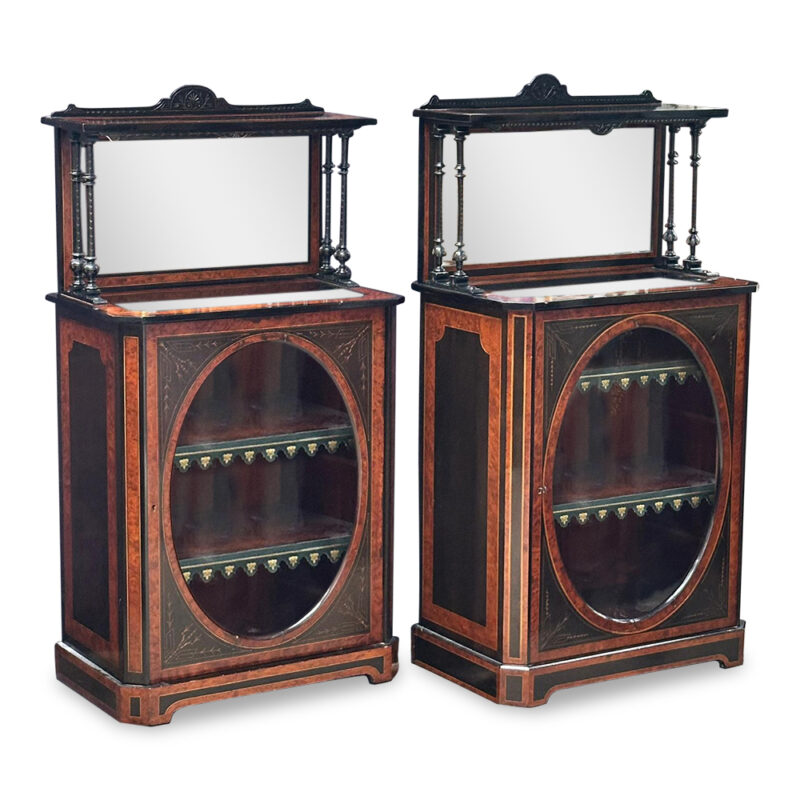 Near pair 19th century English burr walnut and ebonised music cabinets c.1870