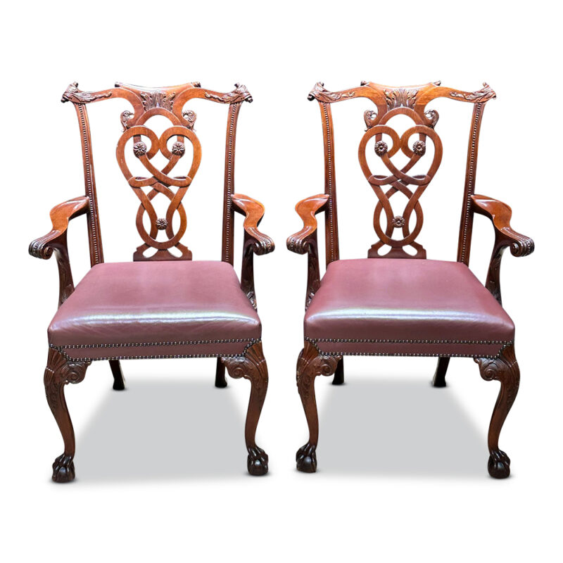 Pr Chippendale style carver chairs with Moran leather upholstery