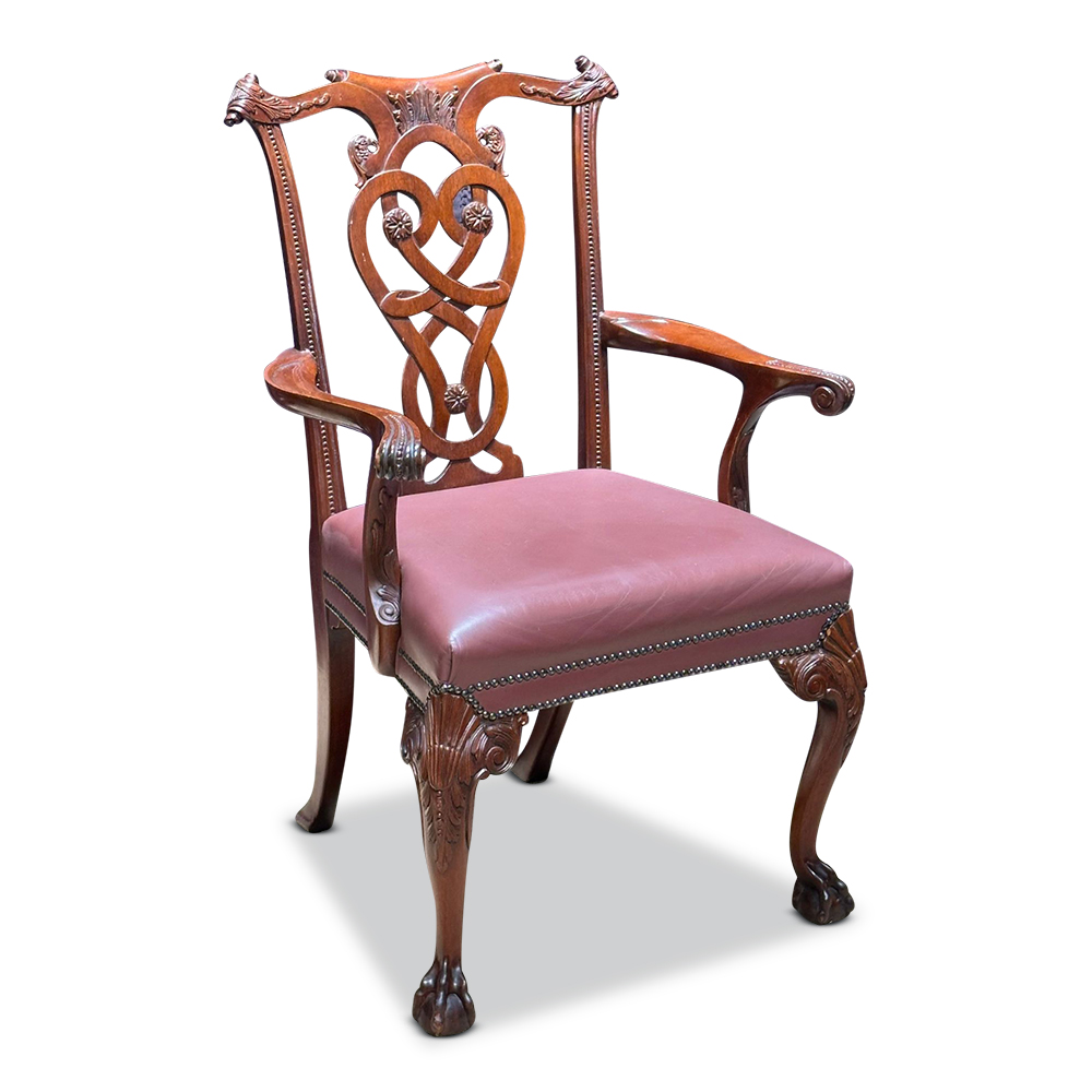 Pr Chippendale style carver chairs with Moran leather upholstery