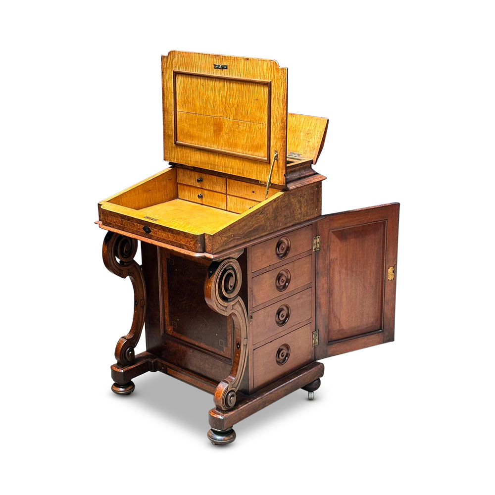 Victorian burr walnut Davenport desk with fine string inlays c.1870