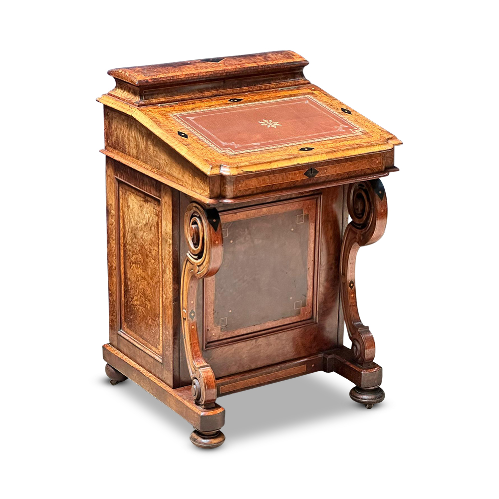 Victorian burr walnut Davenport desk with fine string inlays c.1870