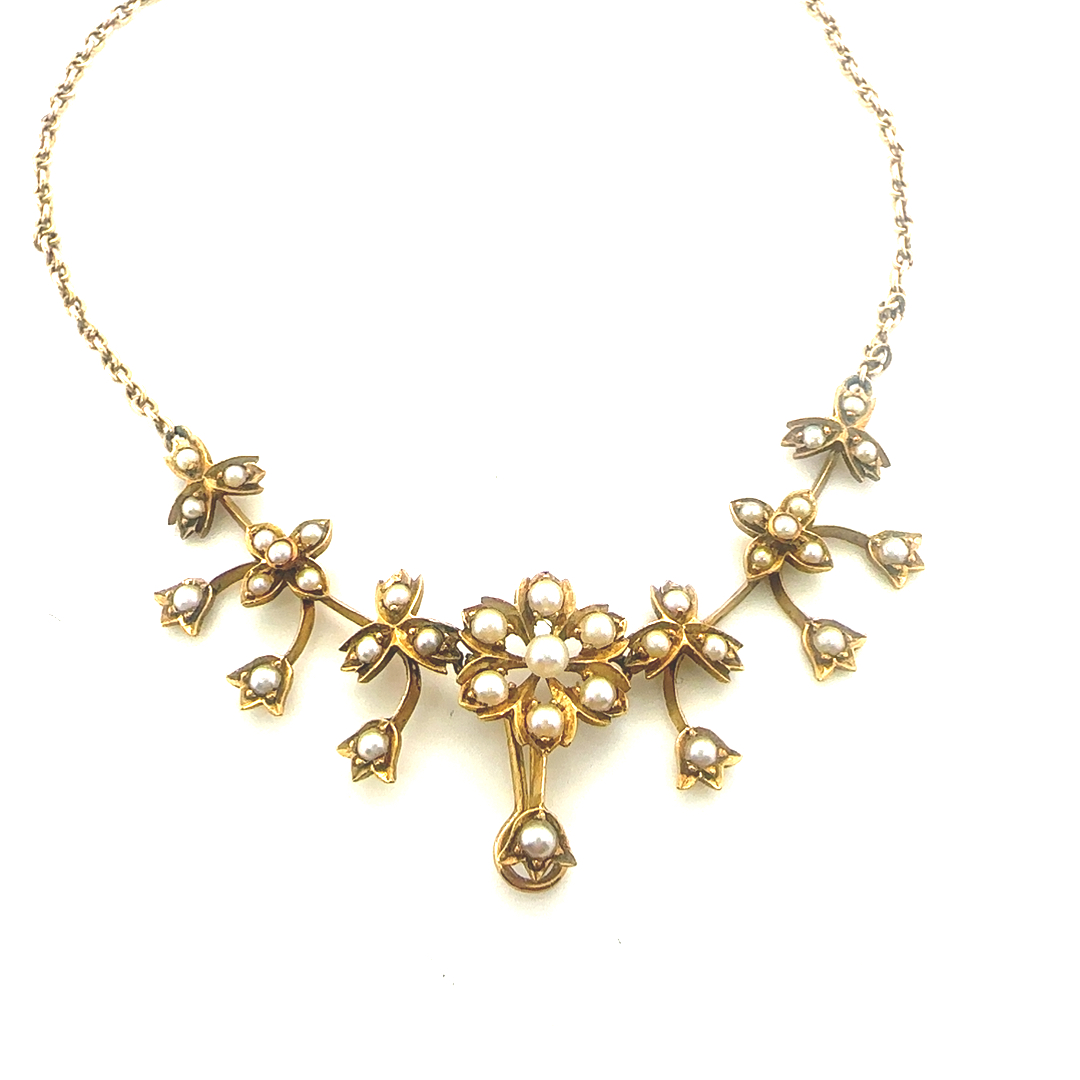 15ct yellow gold daisy and pearl necklace c.1870