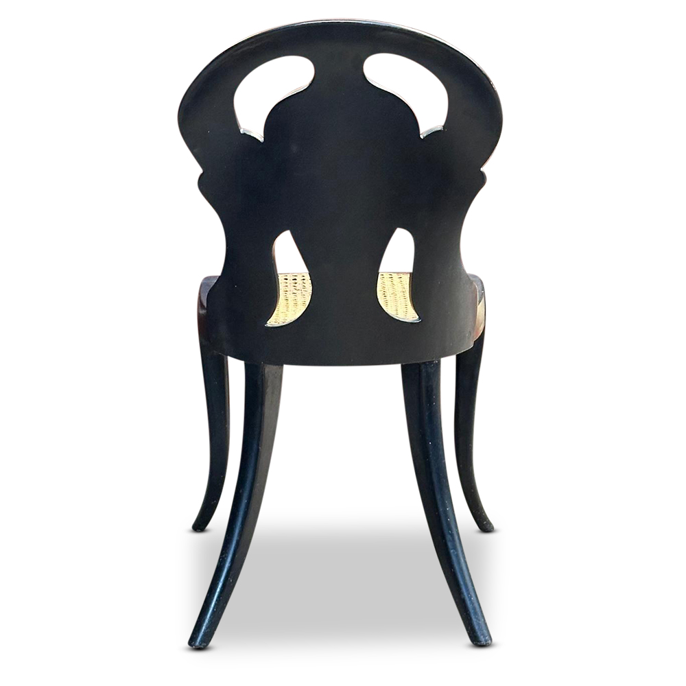 19th century papier mache hall chair with inlaid MOP and hand painted and gilt back with cane seat c.1870