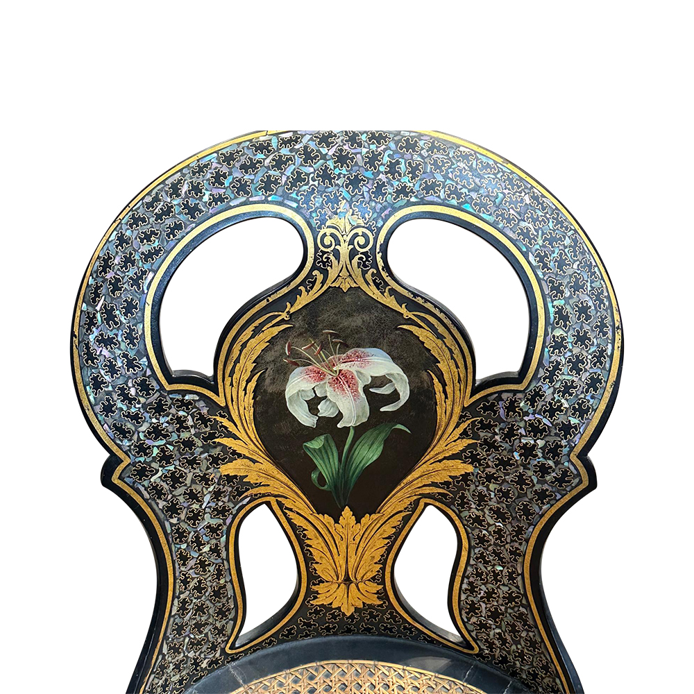 19th century papier mache hall chair with inlaid MOP and hand painted and gilt back with cane seat c.1870