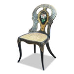 19th century papier mache hall chair with inlaid MOP and hand painted and gilt back with cane seat c.1870