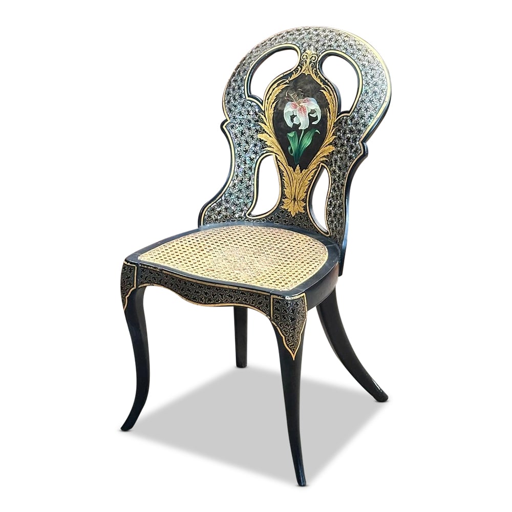 19th century papier mache hall chair with inlaid MOP and hand painted and gilt back with cane seat c.1870