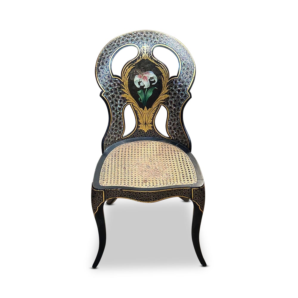 19th century papier mache hall chair with inlaid MOP and hand painted and gilt back with cane seat c.1870