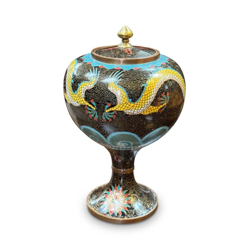 Chinese cloisonne lidded vase of dragon chasing a pearl c.1880