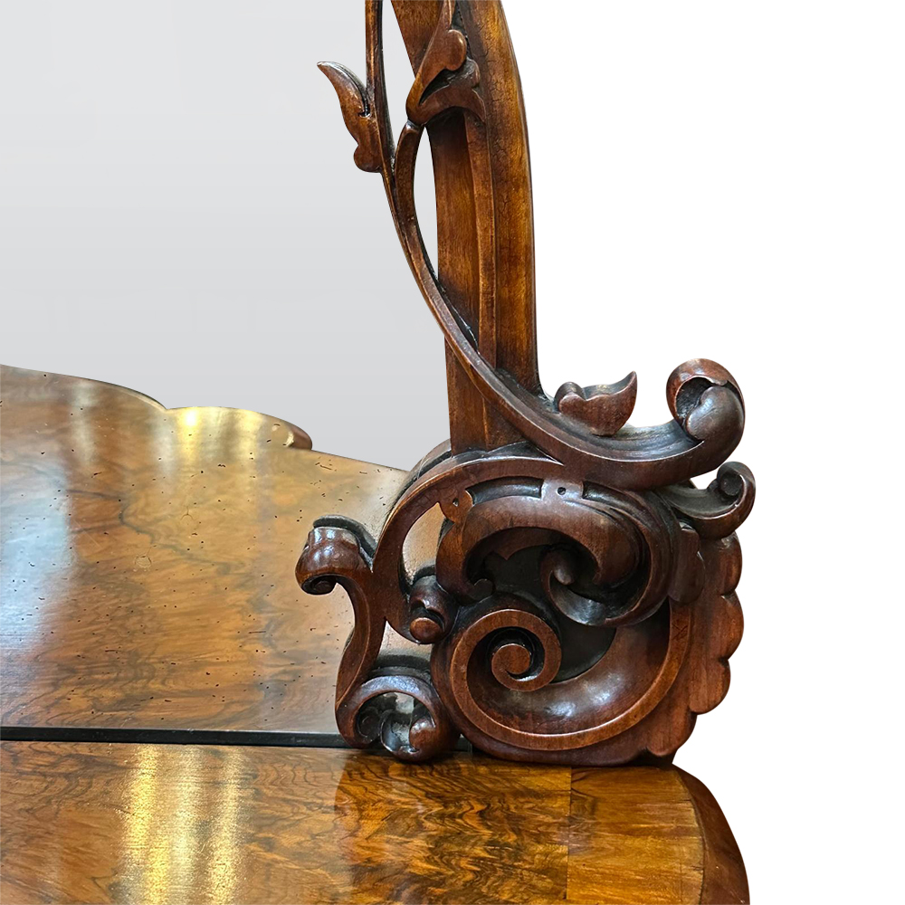English burr walnut bow fronted mirror backed cabinet c.1870 carvings