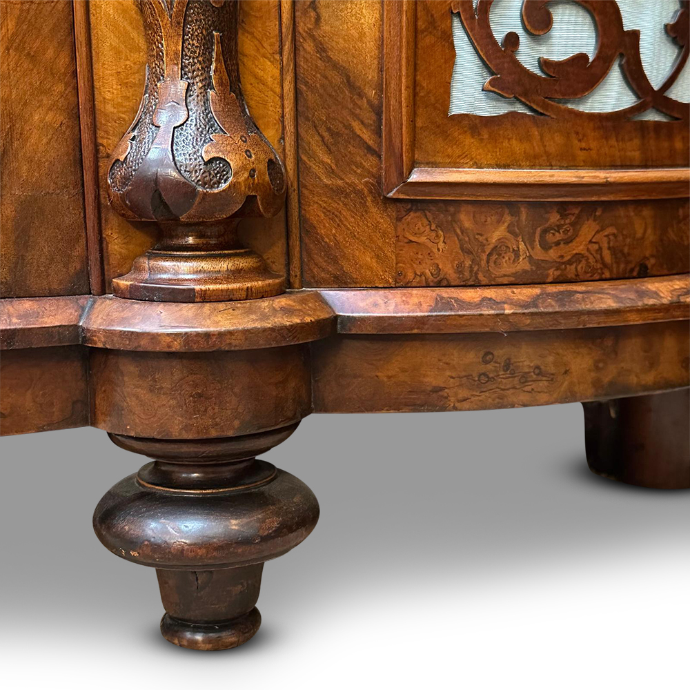 English burr walnut bow fronted mirror backed cabinet c.1870