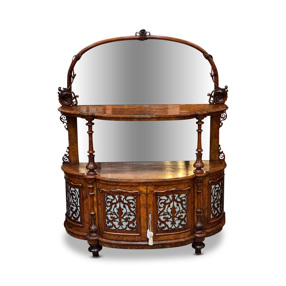 English burr walnut bow fronted mirror backed cabinet c.1870
