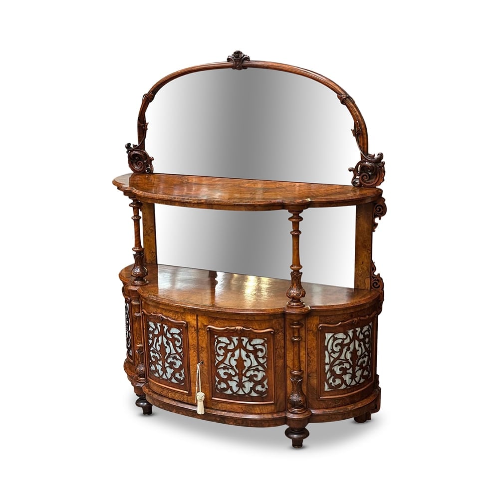 English burr walnut bow fronted mirror backed cabinet c.1870