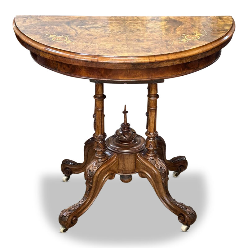 English burr walnut card table with birdcage base and marquetry inlays c.1870