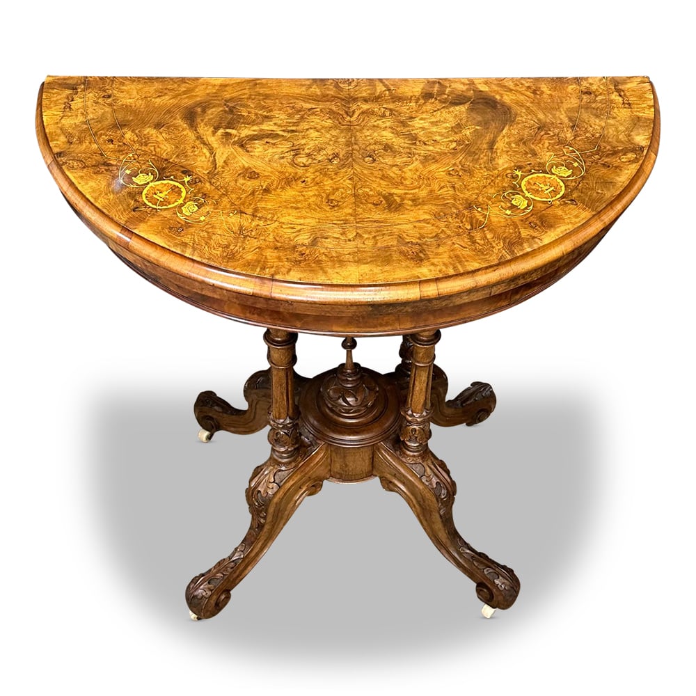 English burr walnut card table with birdcage base and marquetry inlays c.1870