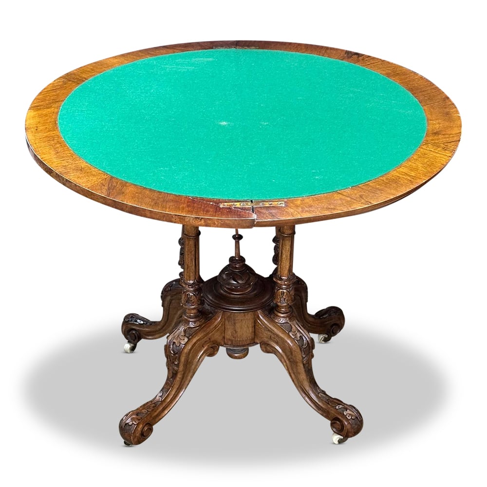 English burr walnut card table with birdcage base and marquetry inlays c.1870