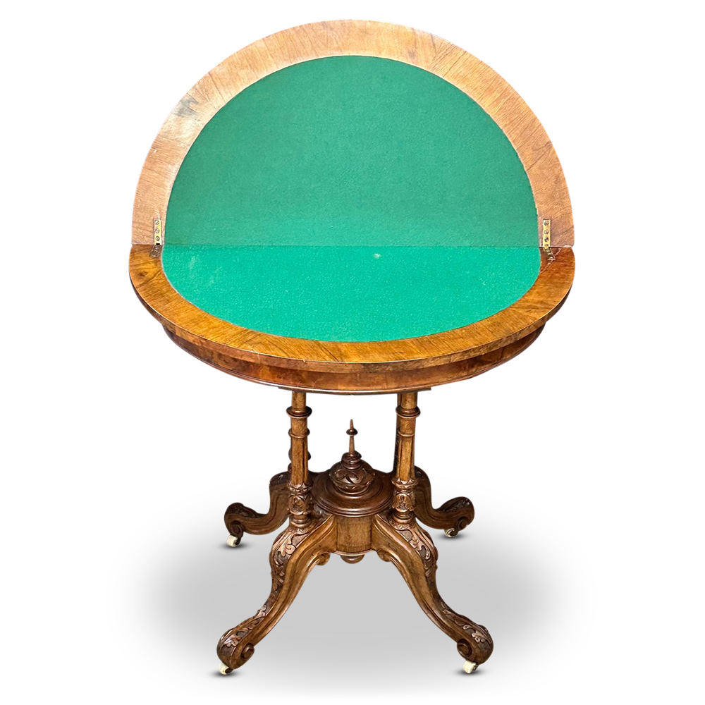 English burr walnut card table with birdcage base and marquetry inlays c.1870