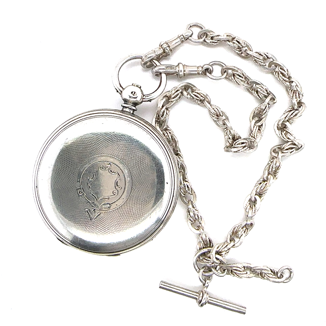 English sterling silver open faced pocket watch and fob chain c.1871
