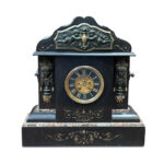 French black slate 8 day mantle clock with cupid decoration and marble detailing c.1880
