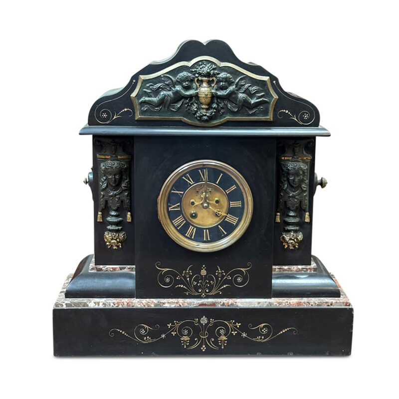 French black slate 8 day mantle clock with cupid decoration and marble detailing c.1880