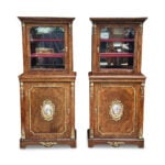 Rare pr English burr walnut display cabinets with sevres panels c.1880