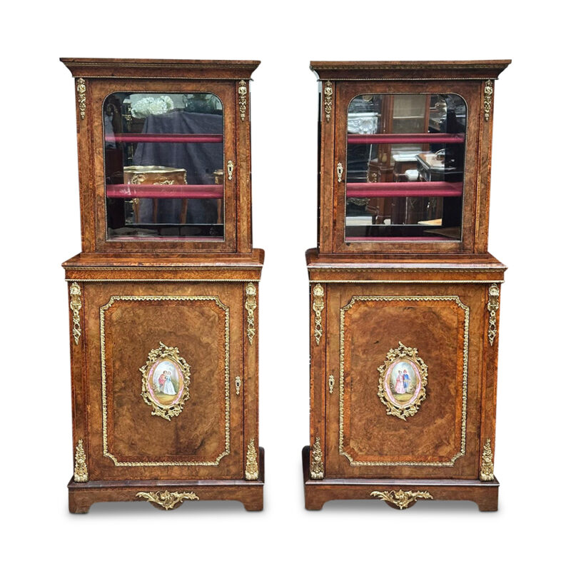 Rare pr English burr walnut display cabinets with sevres panels c.1880
