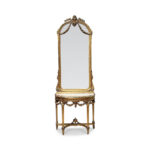 Superb 19th century French gilt half round rouge marble top console table and mirror c.1870