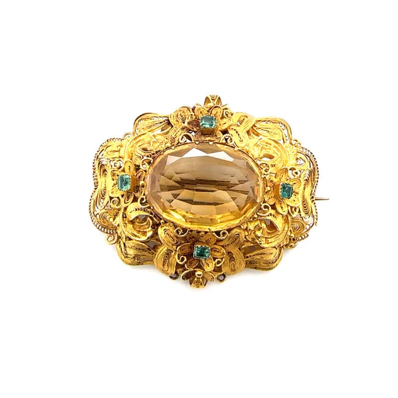 15ct gold filigree brooch with oval citrine and 4 emeralds c.1870
