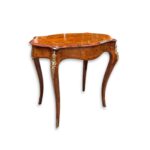 19th century French burr walnut single drawer occasional table with fine marquetry inlays and ormolu mounts c.1870