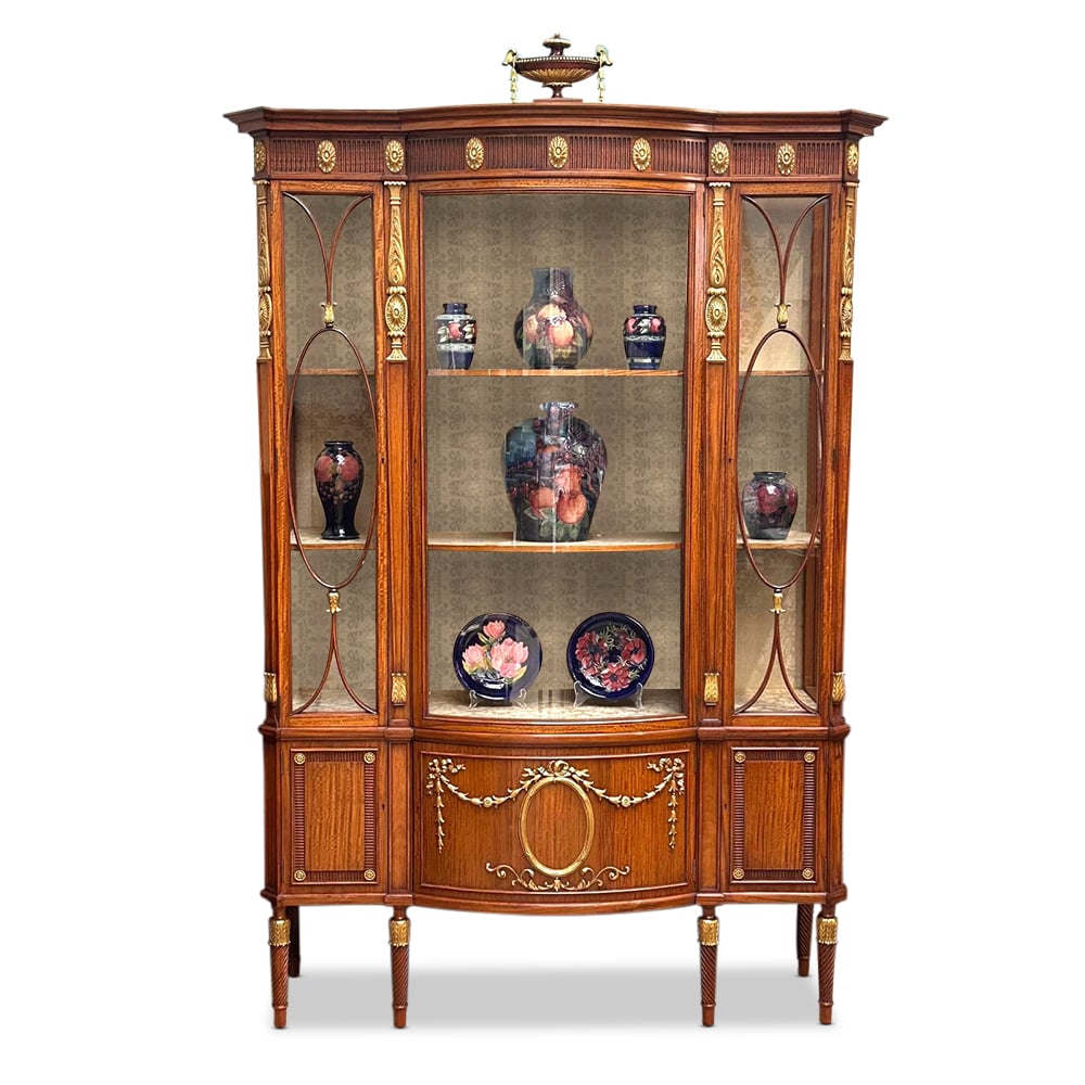 Superb quality 19th century English satinwood 3 door display cabinet with gilt mounts in the Sheraton style by Waring and Gillows ex collection of George Lansell c.1900