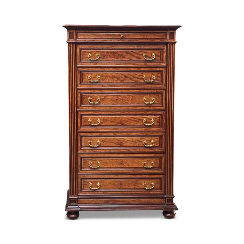 19th century French satinwood and walnut 8 drawer chest with bronze handles c.1870