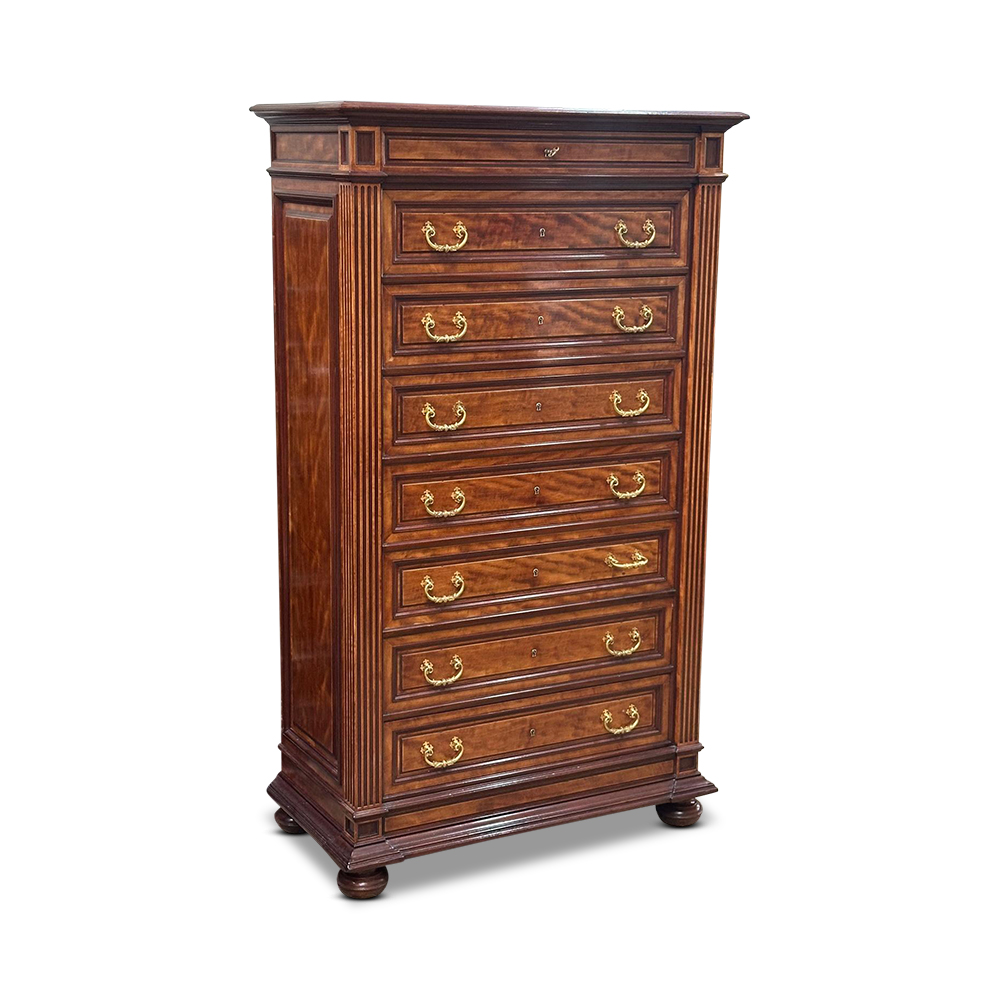 19th century French satinwood and walnut 8 drawer chest with bronze handles c.1870