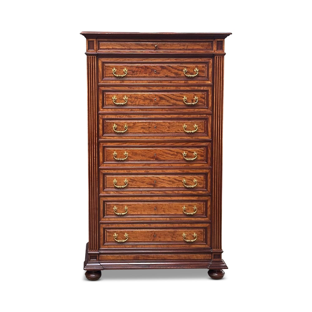 19th century French satinwood and walnut 8 drawer chest with bronze handles c.1870