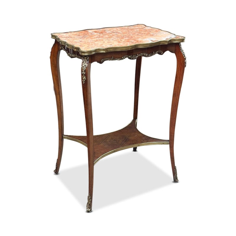 19th century French beech and rosewood rouge marble occasional table with quartered veneer and ormolu mounts