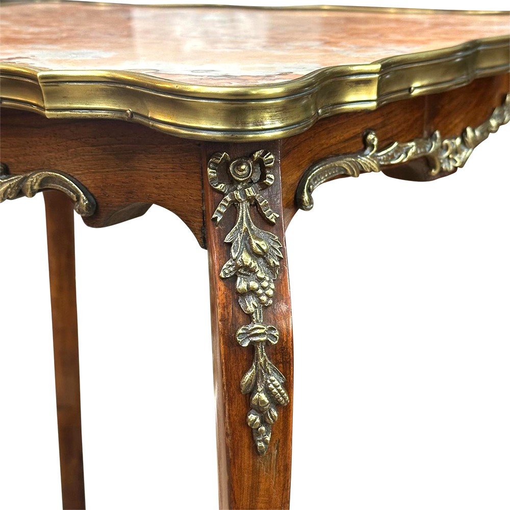 19th century French beech and rosewood rouge marble occasional table with quartered veneer and ormolu mounts