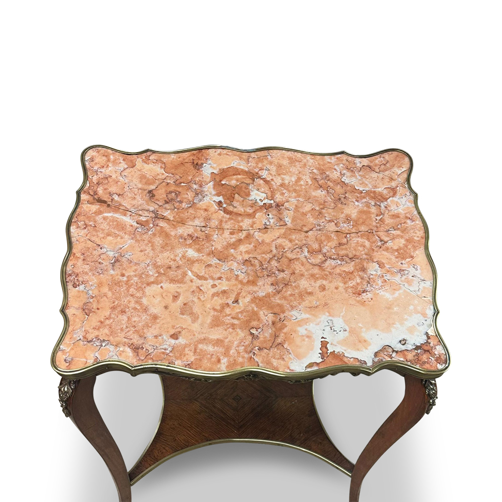 19th century French beech and rosewood rouge marble occasional table with quartered veneer and ormolu mounts