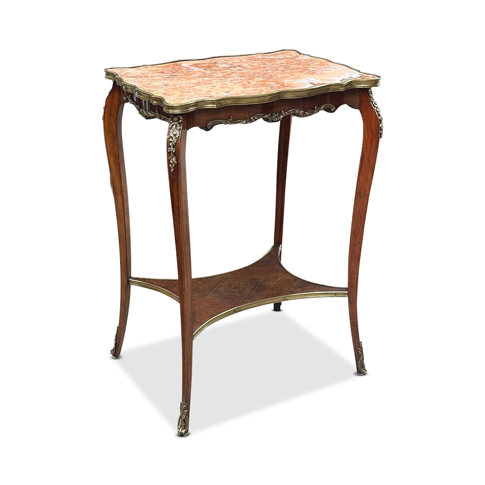 19th century French beech and rosewood rouge marble occasional table with quartered veneer and ormolu mounts