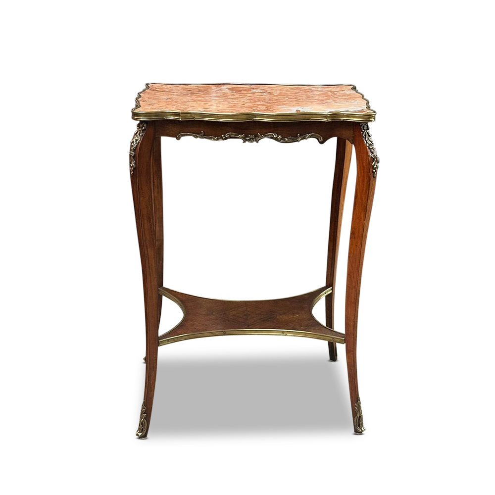 19th century French beech and rosewood rouge marble occasional table with quartered veneer and ormolu mounts