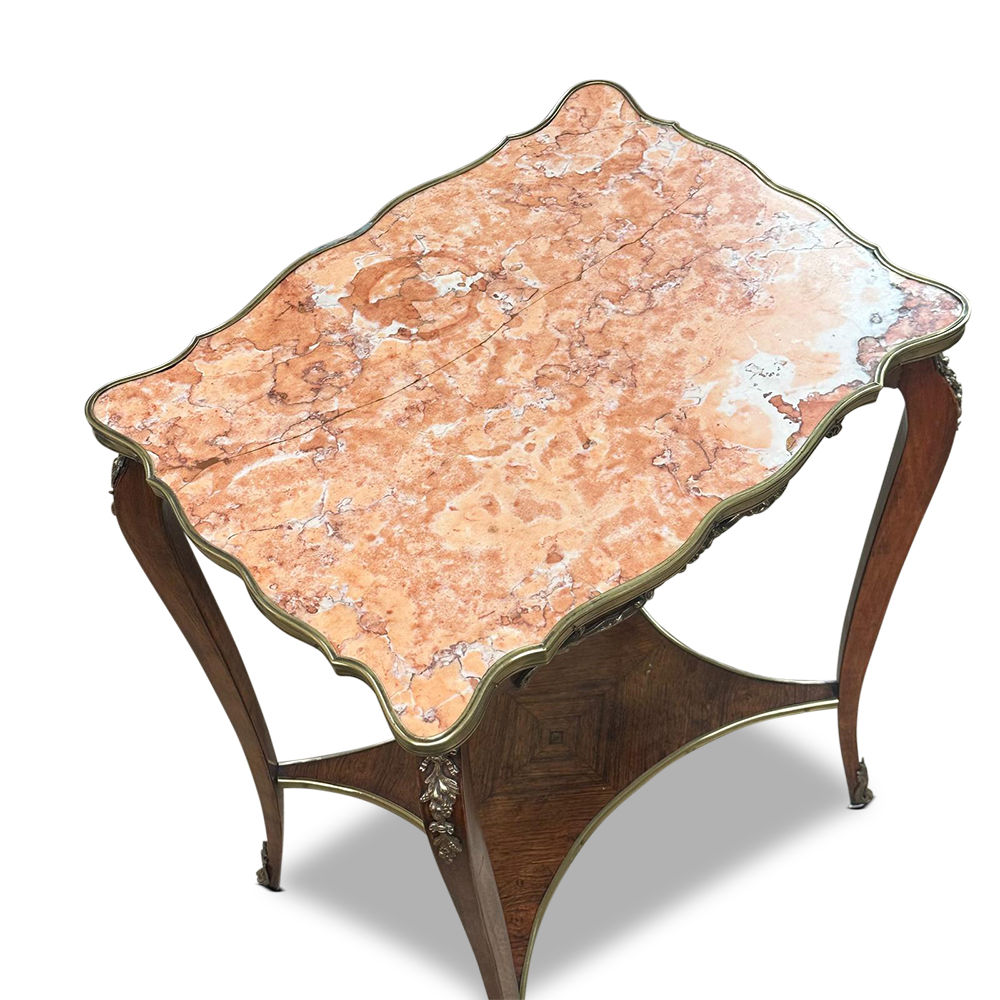 19th century French beech and rosewood rouge marble occasional table with quartered veneer and ormolu mounts