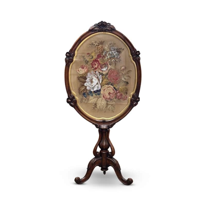 19th century English walnut tapestry fire screen on pedestal base c.1870