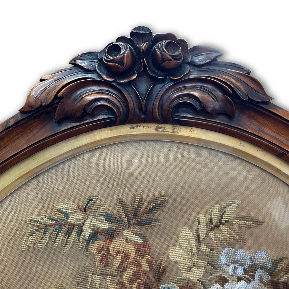19th century English walnut tapestry fire screen on pedestal base c.1870