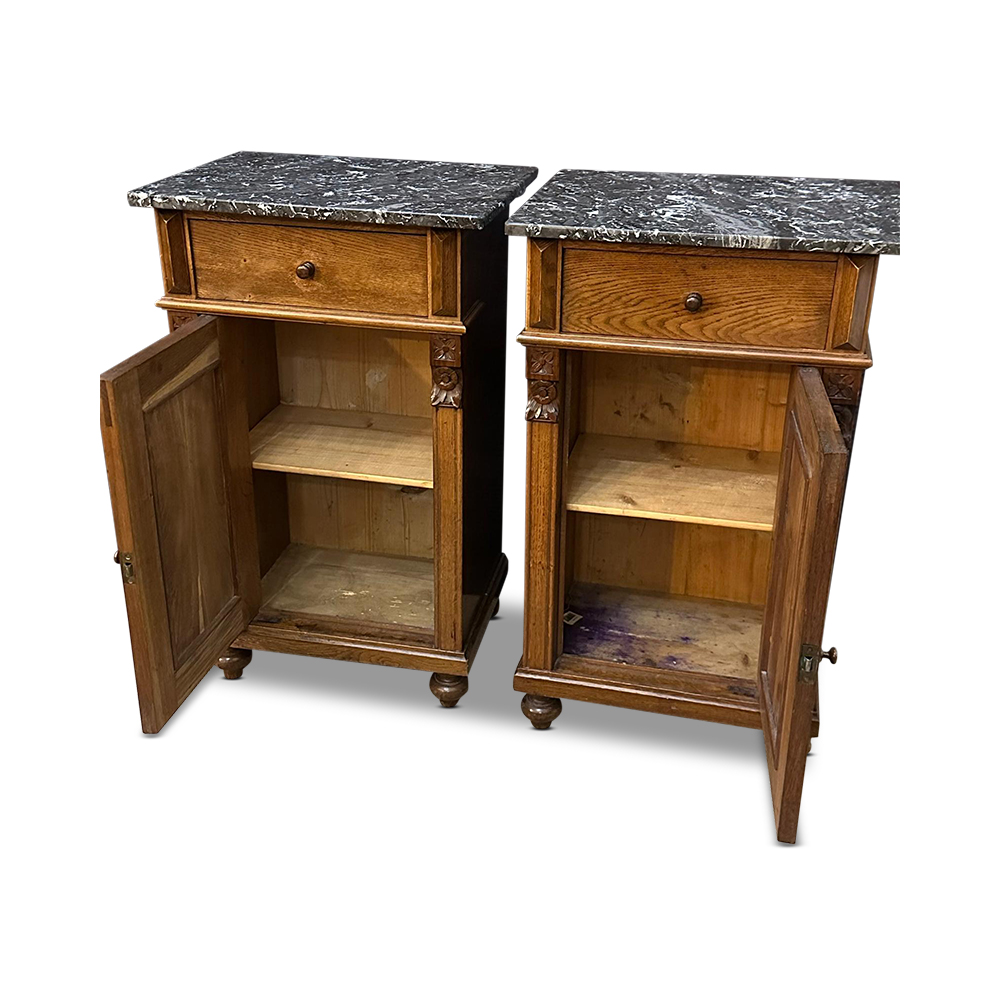 English oak bedside cabinets with marble tops c.1890