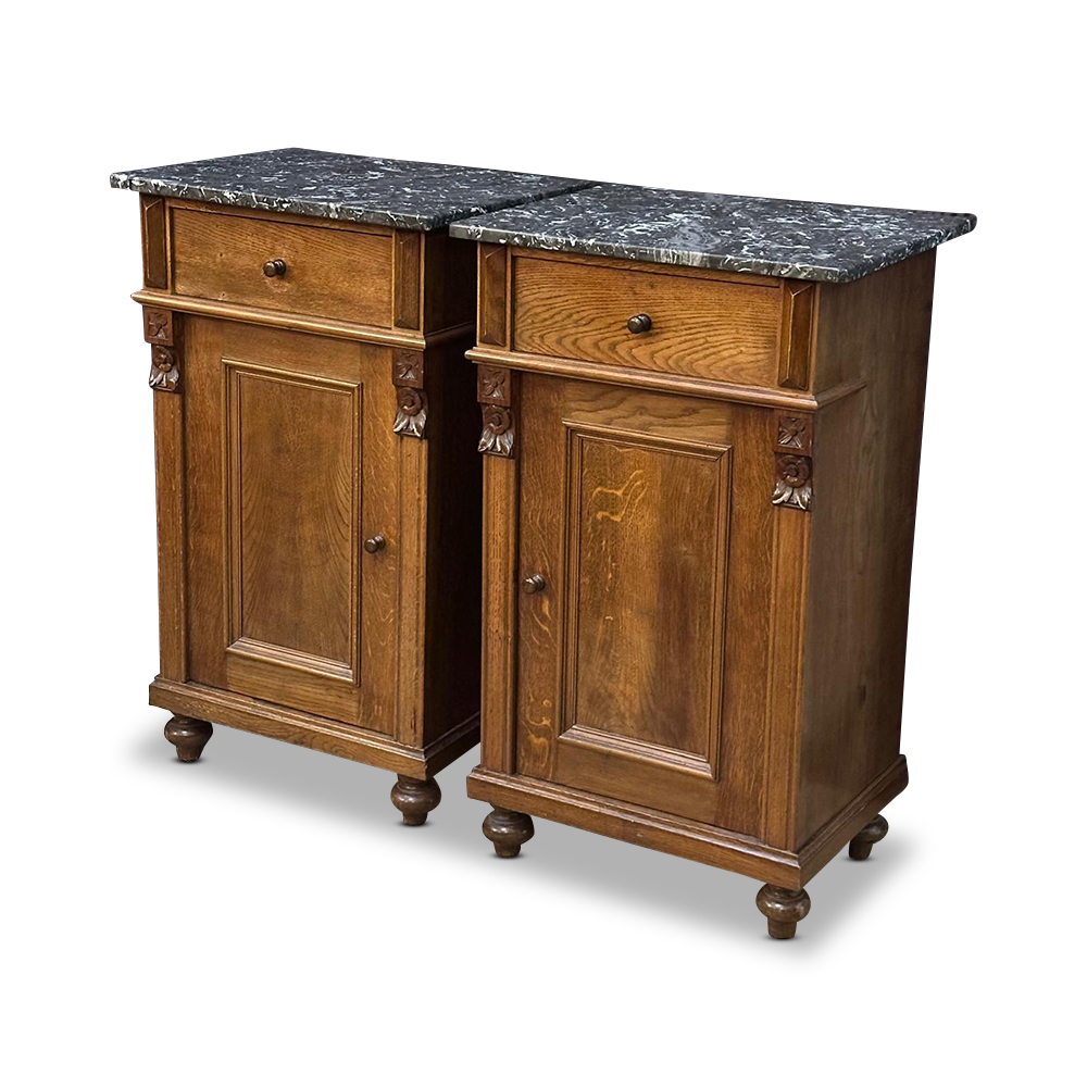 English oak bedside cabinets with marble tops c.1890