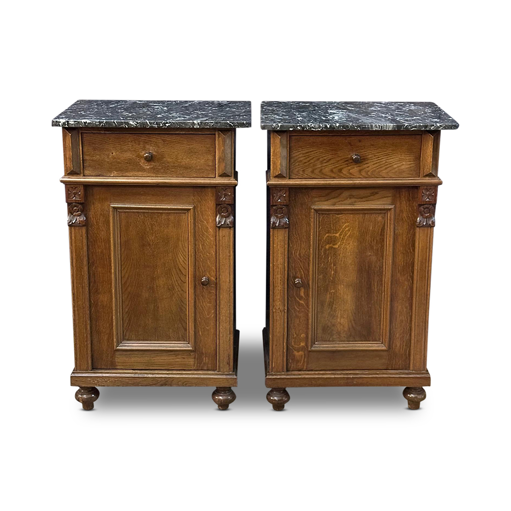 English oak bedside cabinets with marble tops c.1890