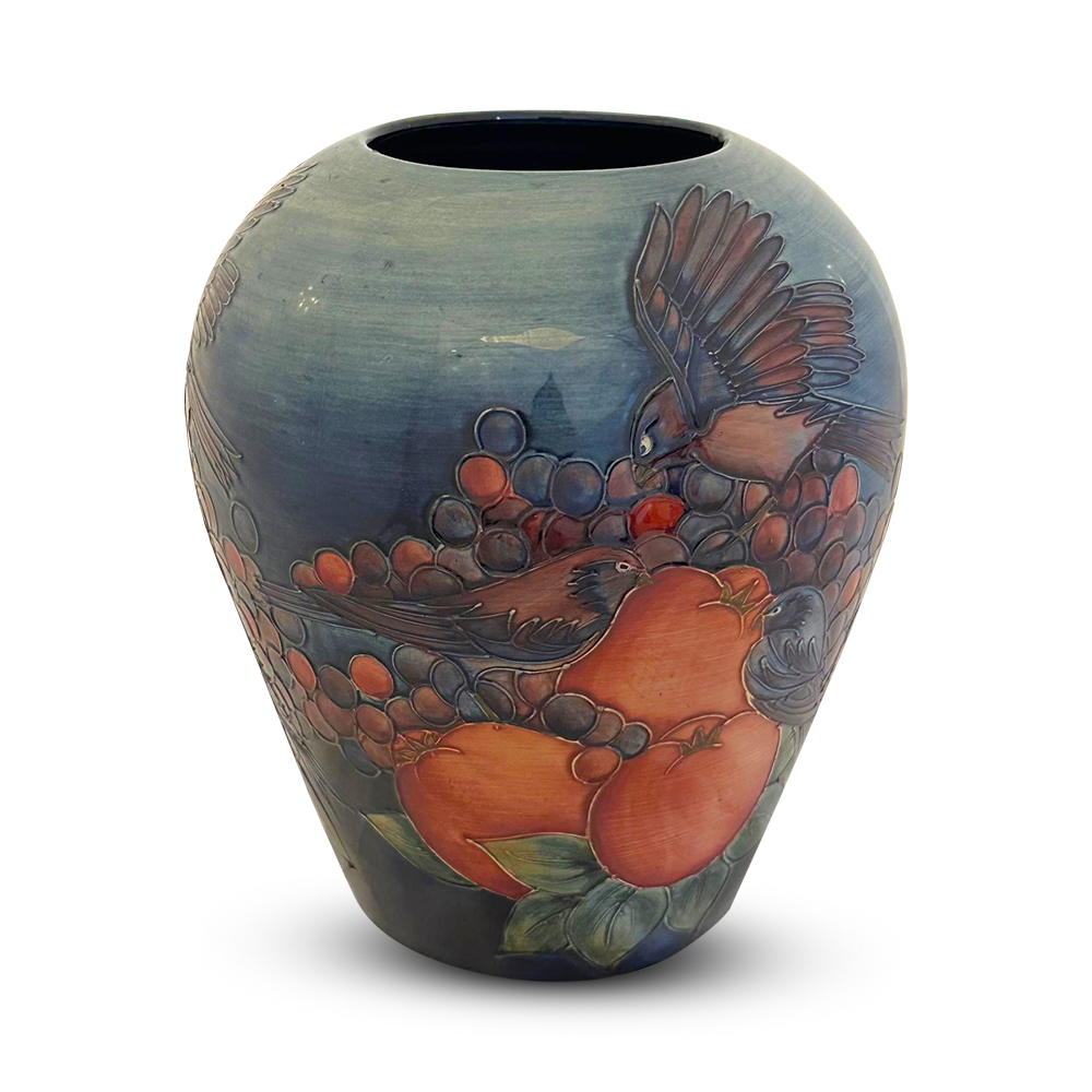 Large Moorcroft vase in finches design by Sally Tuffin c.1991