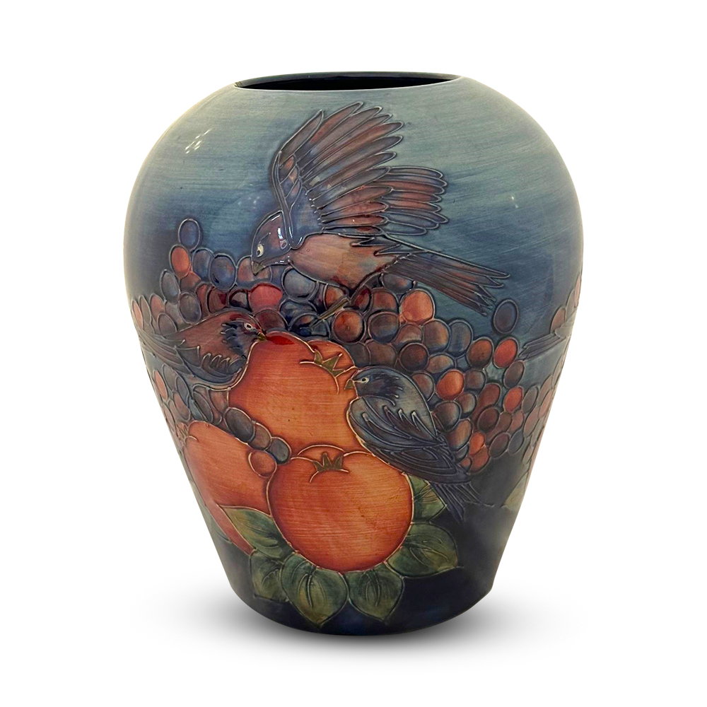 Large Moorcroft vase in finches design by Sally Tuffin c.1991