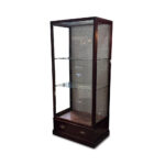 Late 19th century English mahogany display cabinet with 2 shelves and full width drawer