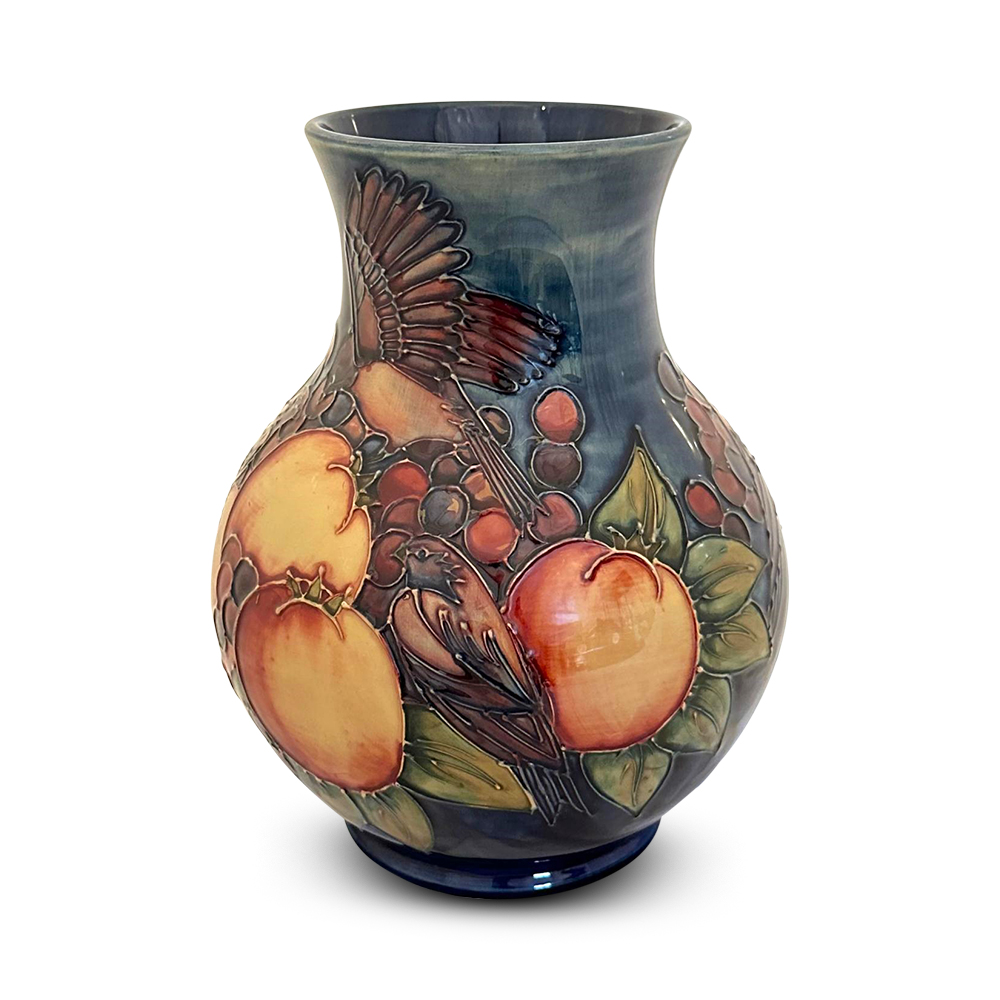 Moorcroft baluster vase in finches design by Sally Tuffin c.1991