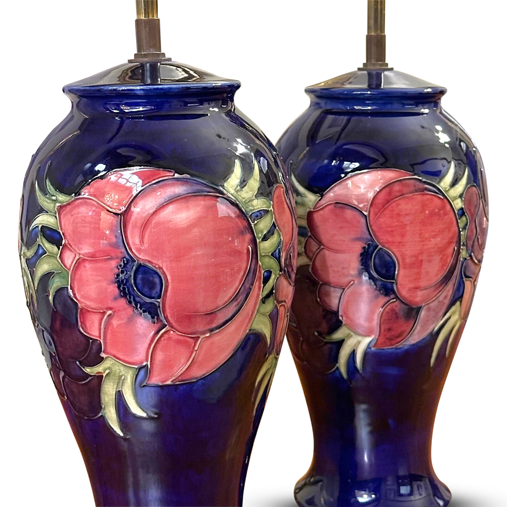 Pr Moorcroft lamps anemone pattern in cobalt