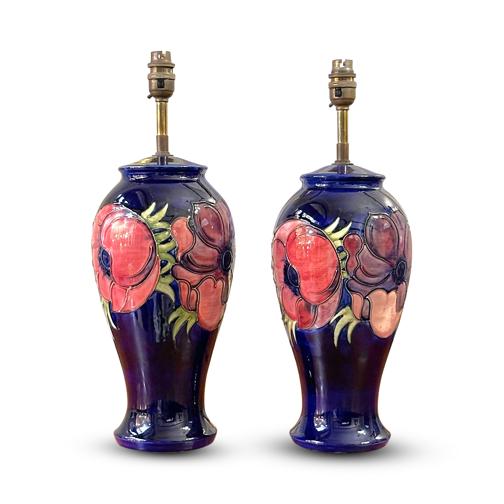 Pr Moorcroft lamps anemone pattern in cobalt