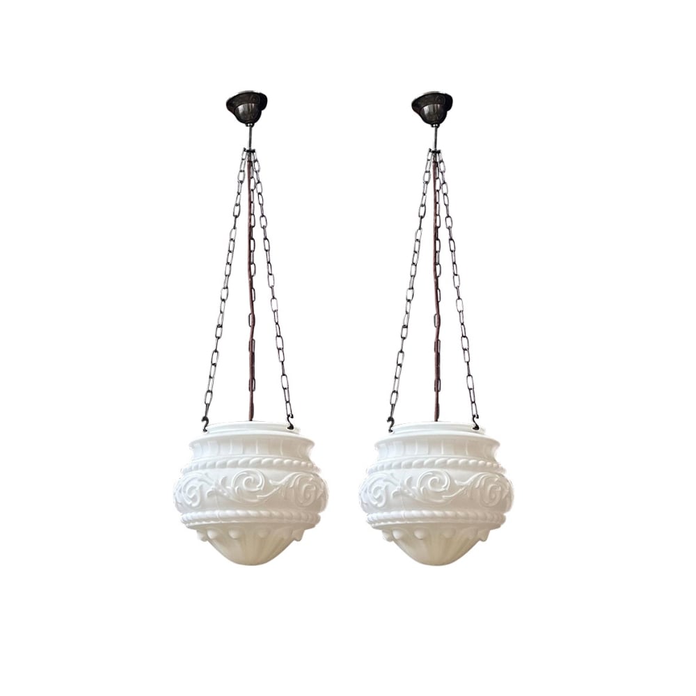 Pr Art deco style white milk glass light fitting